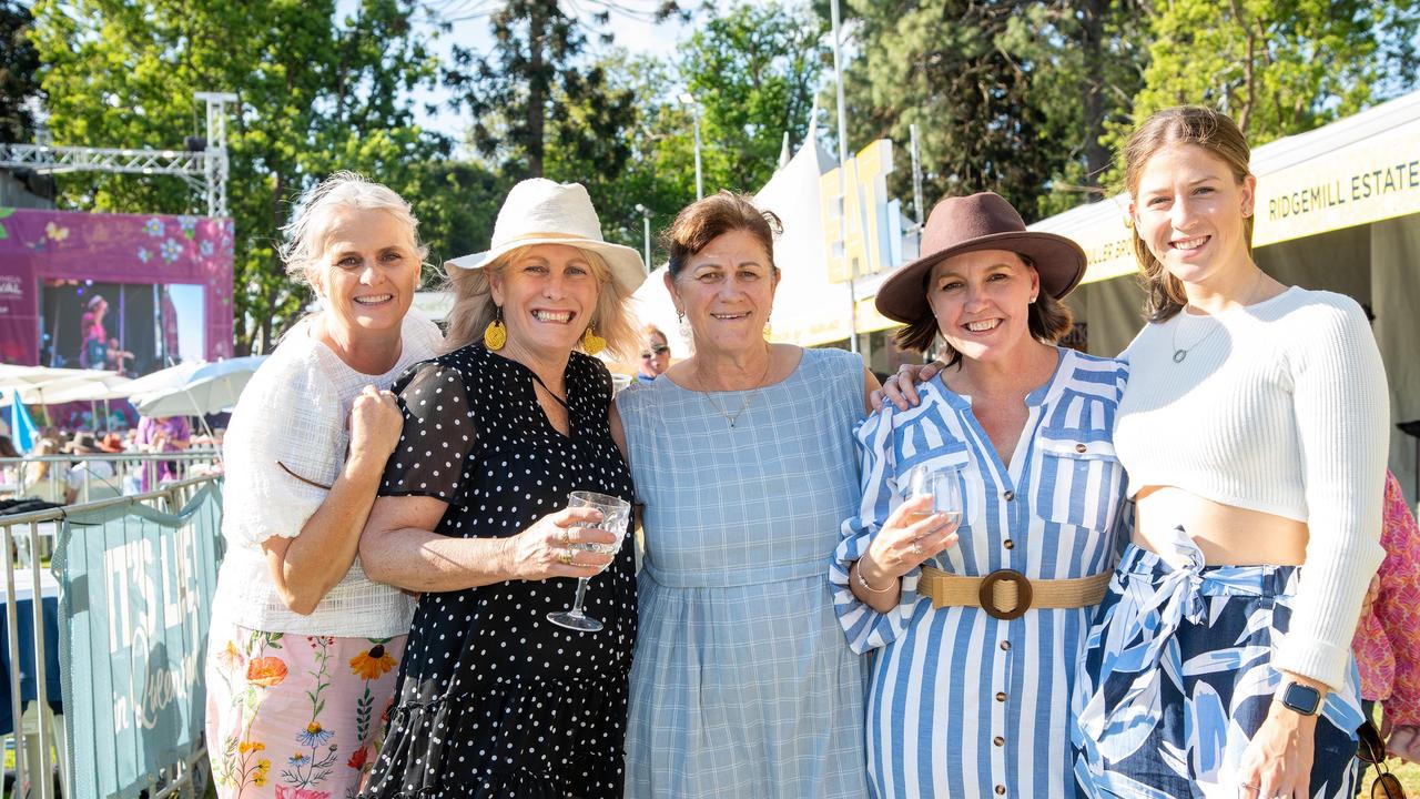 Sue Edwards (left), Sandy Bowyer, Jenny Veivers, Julie Robinson and Sian Veivers at the Toowoomba Carnival of Flowers Festival of Food and Wine, Sunday, September 15, 2024. Picture: Bev Lacey