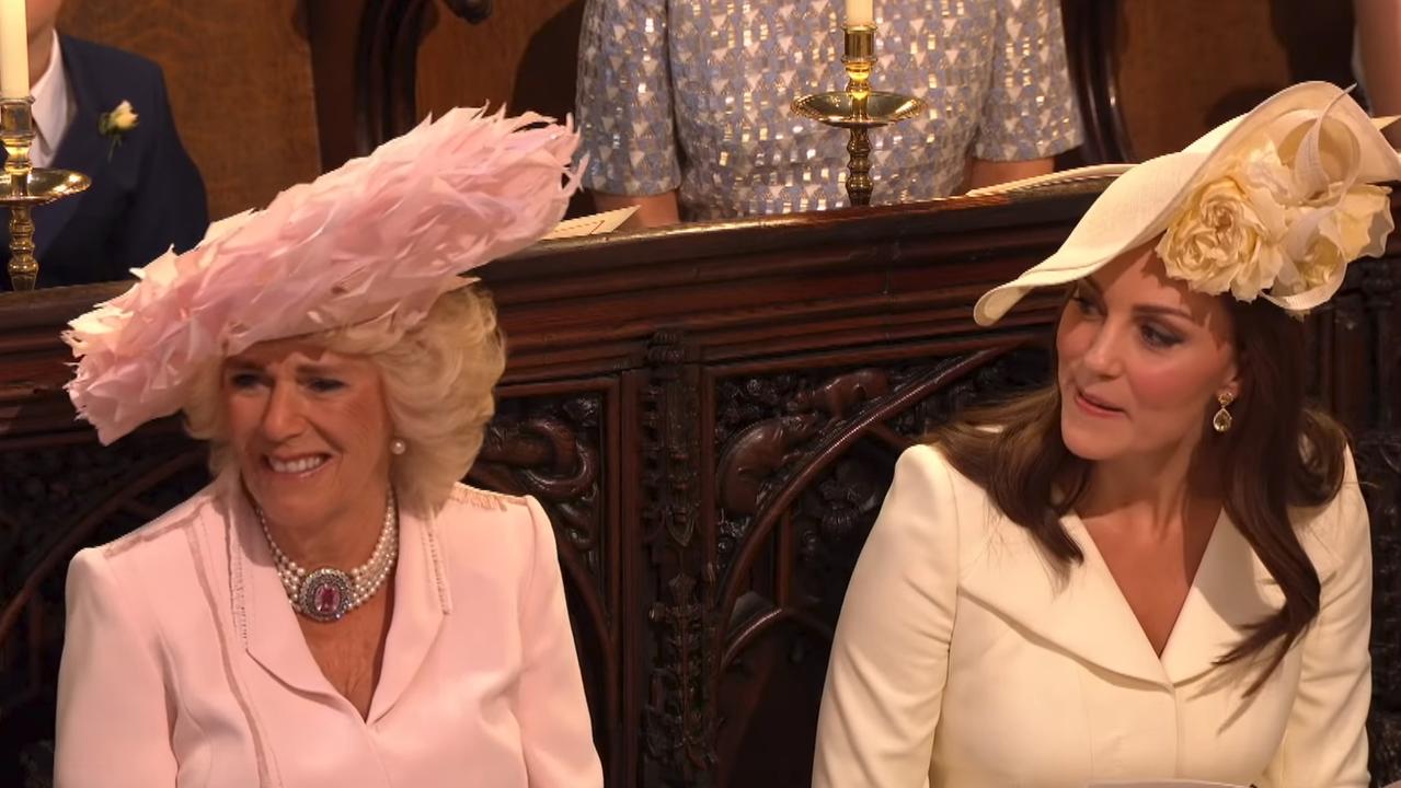 Camilla the Duchess of Cornwall and Catherine the Duchess of Cambridge react during Bishop Michael Curry's sermon. Picture: BBC