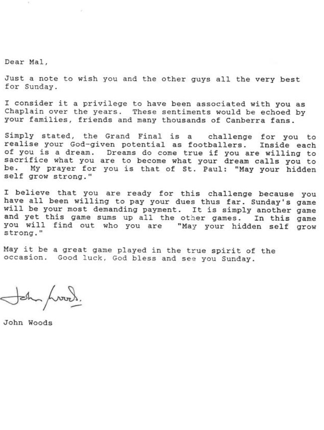 The 1989 letter from Father Woods to Mal Meninga.