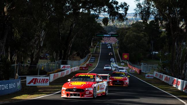 Scott McLaughlin leads the Bathurst 1000 field around Mount Panorama. Picture: Getty