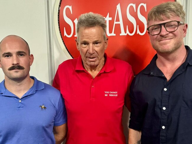 Sam Newman poses with notorious neo-Nazis Blair Cottrell and Thomas Sewell. Picture: X