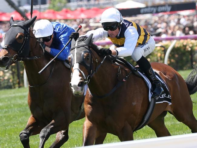 Oceanographer (left) b reels in Tom Melbourne to win the Lexus Stakes in 2016. Picture: George Salpigtidis