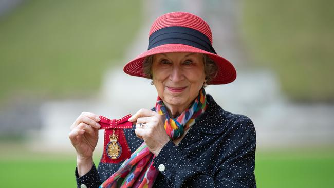 Novellist Dr Margaret Atwood poses with her award after she was made a Companion of Honour by Queen Elizabeth II following an investiture ceremony at Buckingham Palace. Picture: Getty