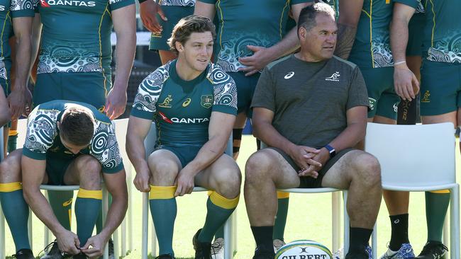 Wallabies skipper and head coach Dave Rennie ready for the team photograph in Sydney. Picture: Getty Images.