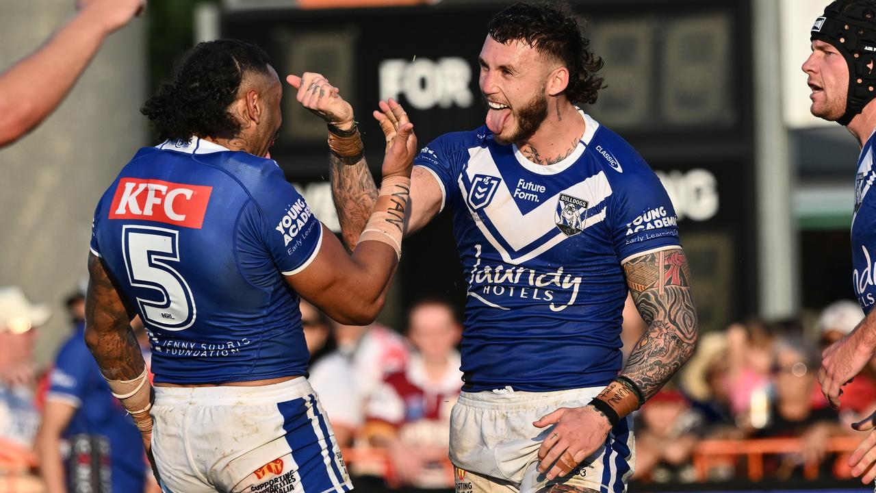 BUNDABERG, AUSTRALIA - AUGUST 17: Bronson Xerri of the Bulldogs celebrates during the round 24 NRL match between Canterbury Bulldogs and Dolphins at Salter Oval, on August 17, 2024, in Bundaberg, Australia. (Photo by Emily Barker/Getty Images)