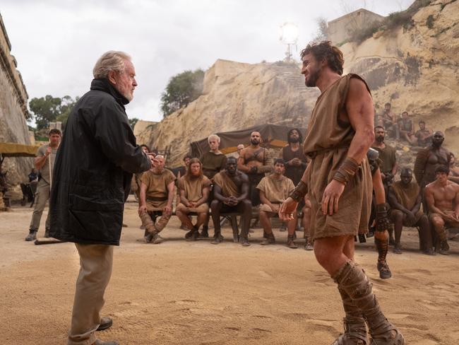 EMBARGO FOR TWAM, 26 OCTOBER 2024. FEE MAY APPLY. L-R Director Ridley Scott and Paul Mescal on the set of Gladiator II from Paramount Pictures. Photo: Aidan Monaghan / Paramount