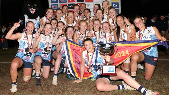 South Adelaide players celebrate their 2024 SANFLW grand final win against Norwood. Picture: Cory Sutton/SANFL