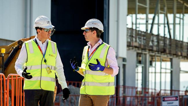 Naval Group global chief executive Pierre Eric Pommellet with Finance Minister Simon Birmingham at the under-construction Port Adelaide shipyards, February, 2021. Picture: Mike Burton