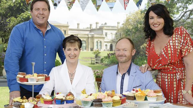                         hosts Shane Jacobson (left) and Anna Gare (right), with judges Kerry Vincent and Dan Lepard at Werribee Mansion. 