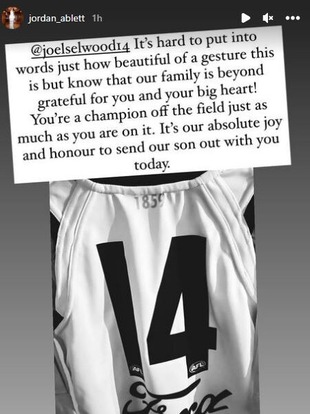 Jordan Ablett tribute to Joel Selwood. Source: Instagram