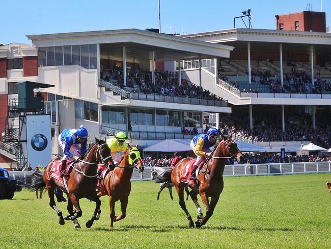 Winx, He Or She and Black Heart Bart take up their positions as the exit the gates at the start of the Caulfield Stakes. Picture: Hamish Blair