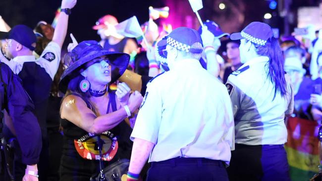 25 FEBRUARY 2023 SYDNEY AU, WWW.MATRIXPICTURES.COM.AU, NON EXCLUSIVE PICTURES, WORLD PRIDE 2023: SYDNEY GAY AND LESBIAN MARDI GRAS PARADE 2023, PICTURED: LIDIA THORPE CONFRONTS FEDERAL POLICE YELLING FUCK THE POLICE, NOTE: The caption above is the photographerÃ¢â‚¬â„¢s impression only and may or may not be factual. It is the responsibility of the end user, publisher or licensee to verify the data before publication. All editorial images subject to the following: For editorial use only. Additional clearance required for commercial, wireless, internet or promotional use.Images may not be altered or modified. Matrix Media Group makes no representations or warranties regarding names, trademarks or logos appearing in the images., DISCLAIMER: To the maximum extent permitted by law, we make no representations or warranties about our Content, including (without limitation) that:, They are complete, accurate, reliable, up-to-date and suitable for any particular purpose.