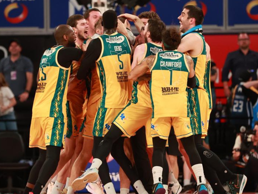 The JackJumpers celebrate Jack McVeigh’s stunning late winner. Picture: Getty Images