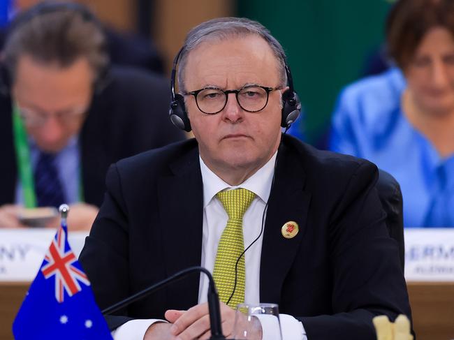 RIO DE JANEIRO, BRAZIL - NOVEMBER 18: Anthony Albanese prime minister of Australia listens during the first working session as part of the G20 Summit 2024 at Museu de Arte Moderna on November 18, 2024 in Rio de Janeiro, Brazil. The 2024 G20 Summit takes place in Brazil for the first time. The event gathers leaders of the most important economies. Starvation, sustainable development or social inclusion are some of the issues to be during the summit. (Photo by Buda Mendes/Getty Images)