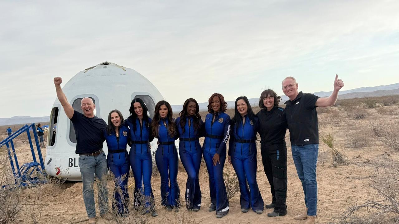 Jeff Bezos, Kerianne Flynn, Katy Perry, Lauren Sanchez, Aisha Bowe, Gayle King, Amanda Nguyen, Sarah Knights, director of Blue Origin's astronaut office, and Blue Origin CEO Dave Limp. Picture: Supplied.