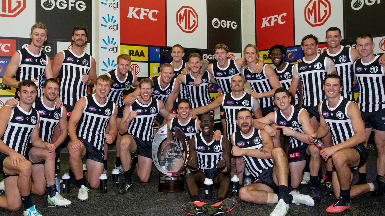 Port Adelaide changed into the prison bar jumper to celebrate last year’s Showdown victory in the change rooms. Picture: Mark Piovesan Photography