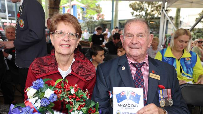 Carole Olland Morris and Keith Shackley at the Surfers Paradise RSL Anzac Day noon service 2025 at Cavill Park for Gold Coast at Large. Picture, Portia Large.