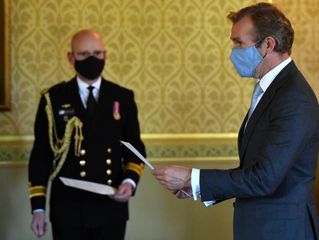 Minister for Planning and Public Spaces Rob Stokes is sworn in by New South Wales Governor Margaret Beazley at NSW Government House on October 6, 2021 in Sydney, Australia. Dominic Perrottet has become the 46th premier of NSW following the resignation of Gladys Berejiklian while new National Party leader Paul Toole has become deputy premier, replacing John Barilaro. (Photo by Joel Carrett – Pool/Getty Images)