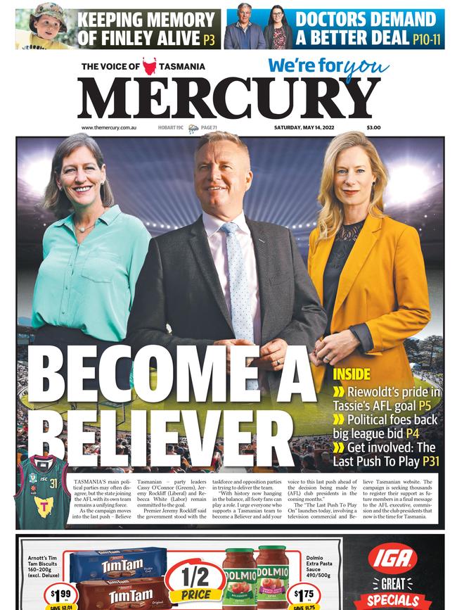 Mercury front page showing support for a Tasmanian AFL team by all sides of parliament.