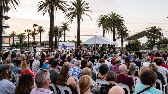 Crowds gather at the mourning ceremony in St Kilda on Wednesday morning. Picture: Getty Images