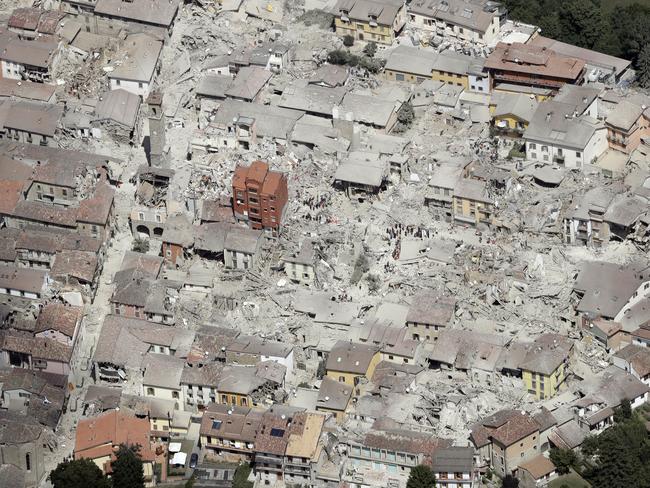 This aerial photo shows the magnitude of the damaged buildings in the town of Amatrice. Picture: AP Photo/Gregorio Borgia.