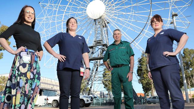 Pharmacist Katherine Lane, nurse unit manager Carrie Pavic, advanced nurse consultant Iann Homer and nurse educator Kasey Medlow will be delivering the Pfizer jab at the Wayville Showgrounds mass vaccination hub. Picture: NCA NewsWire/Dean Martin