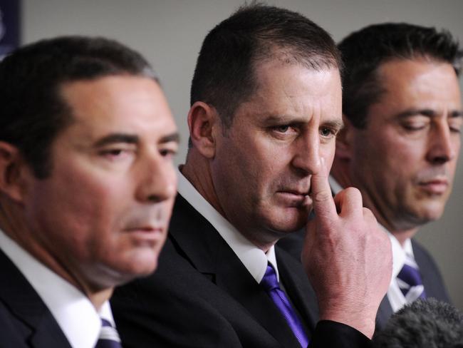 Fremantle Football Club introduce their new coach Ross Lyon (ex St Kilda), who replaces Mark Harvey. Lyon is pictured with Steve Harris (President) and Steve Rosich (CEO).