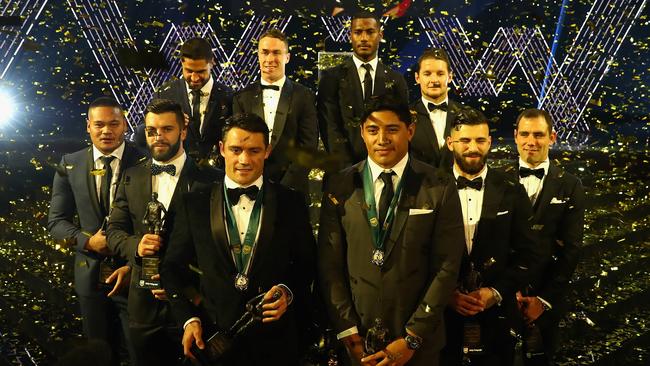 SYDNEY, AUSTRALIA - SEPTEMBER 28:  Cooper Cronk of the Melbourne Storm and Jason Taumalolo of the North Queensland Cowboys pose after being announced joint winners of the 2016 Dally M Medal, with other award winners from the 2016 NRL season during the 2016 Dally M Awards at Star City on September 28, 2016 in Sydney, Australia.  (Photo by Ryan Pierse/Getty Images)