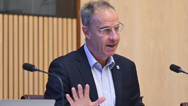 An angry Greens Senator Nick McKim threatened Woolworths boss Brad Banducci with being held in contempt of the Senate and the potential of up to six months in jail. Picture: Martin Ollman/NCA NewsWire.