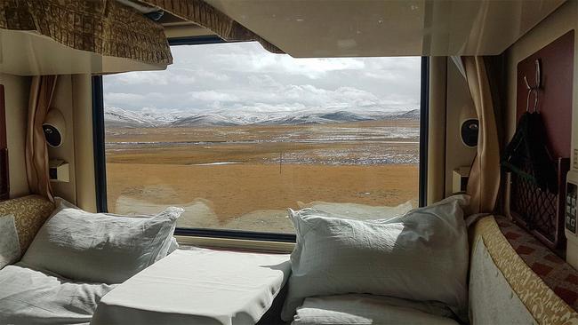 Tibetan landscape views as seen from a sleeper train.