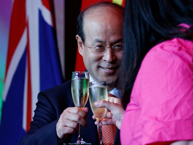 Chinese Ambassador Xiao Qian makes a toast before addressing attendees of a reception celebrating the 74th anniversary of the PRC's founding in Sydney on Thursday, September 28, 2023. Picture: Nikki Short