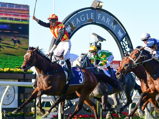 Chris Munce and Kyle Wilson-Taylor combine to win their first Group 1 with Palaisipan in the Tattersall's Tiara at Eagle Farm. Picture: Grant Peters - Trackside Photography