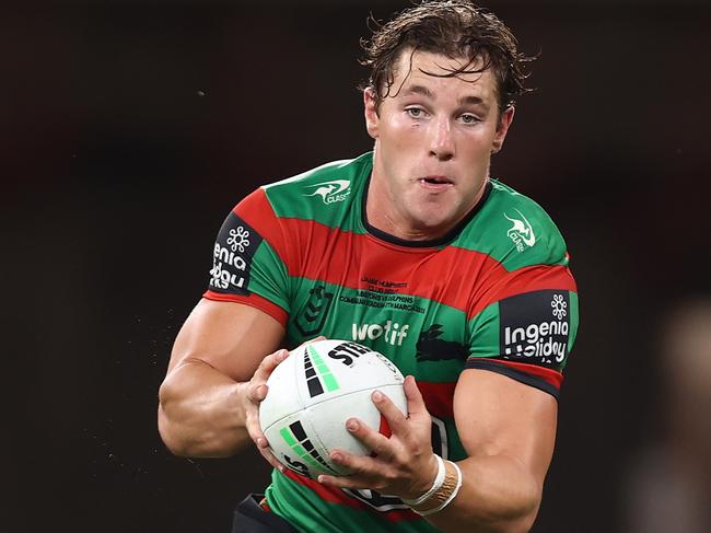 SYDNEY, AUSTRALIA - MARCH 07: Jamie Humphreys of the Rabbitohs runs the ball during the round one NRL match between the Dolphins and South Sydney Rabbitohs at CommBank Stadium on March 07, 2025, in Sydney, Australia. (Photo by Jason McCawley/Getty Images)