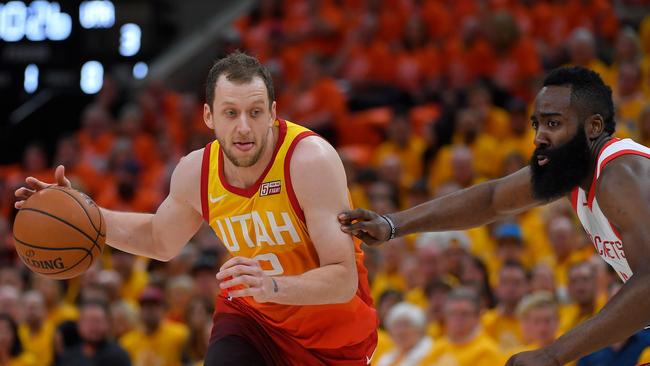 Adelaide export and Utah Jazz star Joe Ingles drives past reigning NBA MVP James Harden during last year’s Playoffs. Picture: Gene Sweeney Jr./Getty Images/AFP