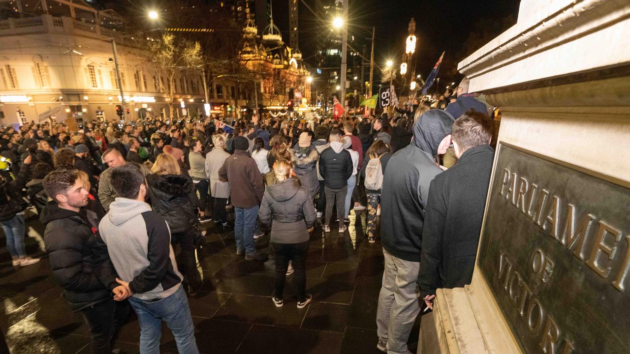 Many took to the streets at the announcement by Dan Andrews of the five-day lockdown. Picture: Tony Gough