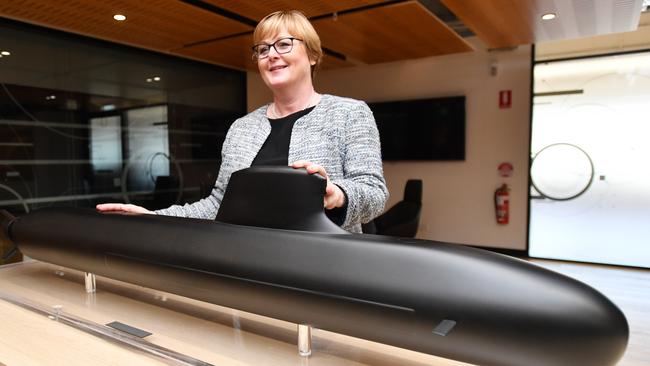 Defence Minister Linda Reynolds with a model of the Barracuda-class submarine during a visit to Naval Group in Adelaid last week. Picture: AAP