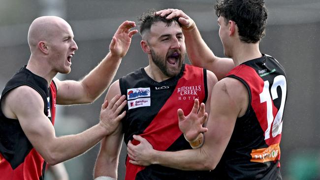 Dylan Tarczon celebrates a goal with Riddell teammates. Picture: Andy Brownbill