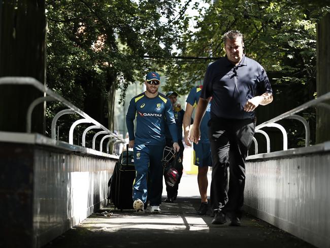 David Warner leaves the nets for treatment after being struck on the leg during the Australia Nets Session. Picture: Ryan Pierse/Getty Images