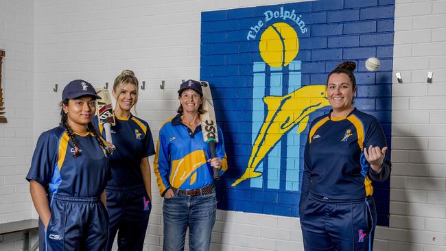 Gold Coast dolphin women players, Liana Rauf, Shinae Macdonal, Linda Machin, and Melissa Lewis. ahead of their season kicking off this weekend. Picture: Jerad Williams