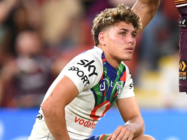 Brisbane star Selwyn Cobbo has a word with Reece Walsh after their clash with the Warriors during the 2021 NRL season. Credit: NRL Images.