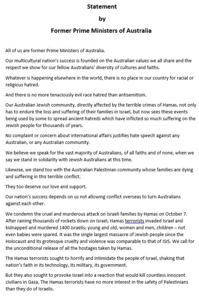 Part of the statement by former Australian Prime Ministers.