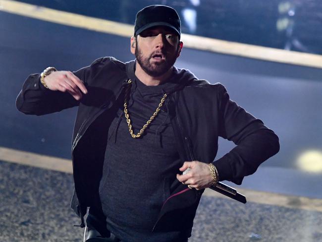 Eminem reprised his Oscar winning Lose Yourself, from 2002’s Eight Mile as a tribute to film music. Picture: AFP