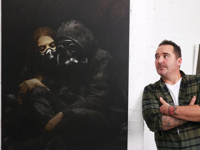 17/4/24: Luke Cornish (E.L.K.) winner of the 2024 Gallipolli Prize and his winning work, Ã¢â¬ËThe Pity of WarÃ¢â¬â¢ at the winner announcement ceremony at The Rocks in Sydney. John Feder/The Australian.