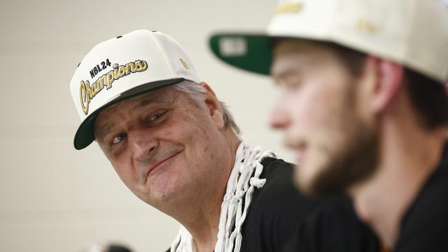 JackJumpers head coach Scott Roth reacts as Clint Steindl of the JackJumpers speaks to the media after winning game five of the NBL Championship Grand Final Series. Photo by Daniel Pockett/Getty Images