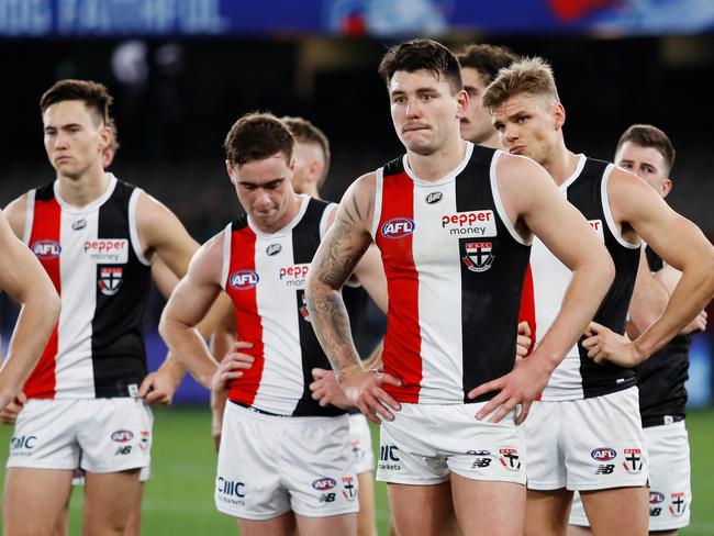 MELBOURNE, AUSTRALIA - JULY 15: Josh Battle of the Saints looks dejected after a loss during the 2022 AFL Round 18 match between the Western Bulldogs and the St Kilda Saints at Marvel Stadium on July 15, 2022 in Melbourne, Australia. (Photo by Dylan Burns/AFL Photos via Getty Images)