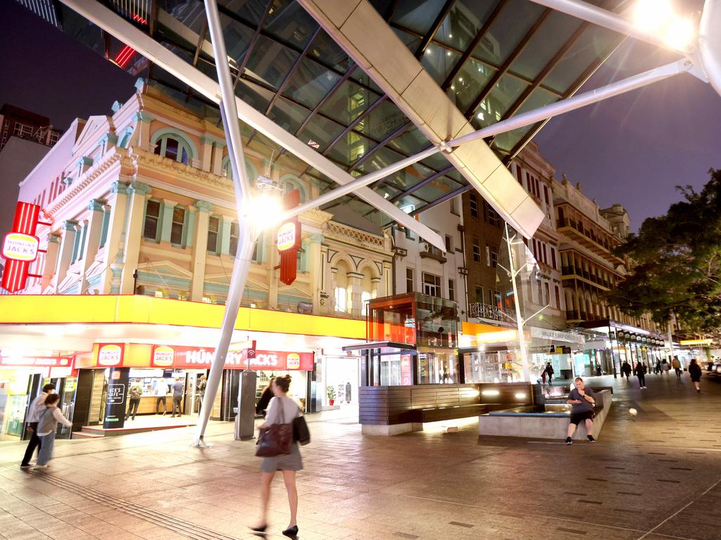 Looking south along the Queen Street Mall from the Albert St intersection, the night before the mall’s 40th anniversary. Picture: Steve Pohlner