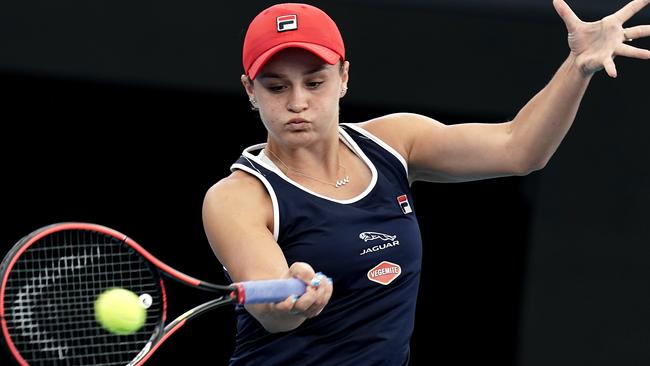 Ash Barty in action during the Brisbane doubles final. Picture: AAP Images