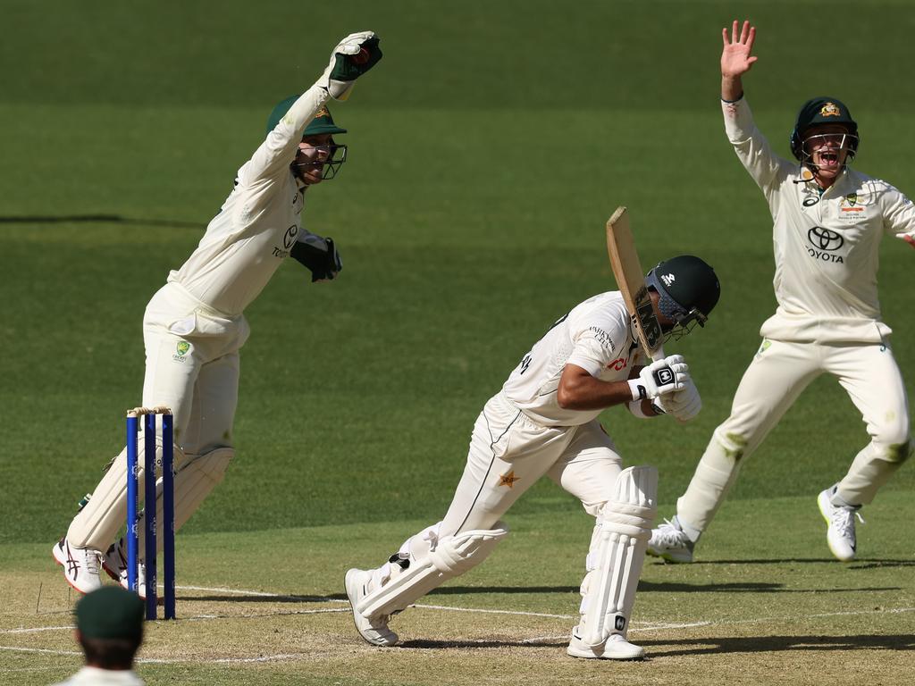 Alex Carey and Marnus Labuschagne thought they had Shafique caught earlier. Picture: Paul Kane/Getty Images