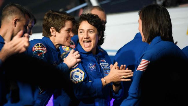 NASA Astronaut Jessica Meir laughs during the Artemis II crew announcement. Picture: Mark Felix/AFP