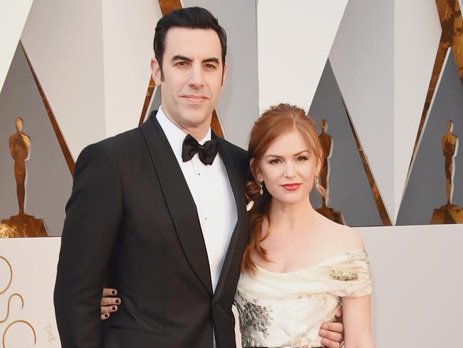 Sacha Baron Cohen and Isla Fisher at the 2016 Oscars when she smuggled in his Ali G outfit in her underwear. Picture: Jason Merritt/Getty Images